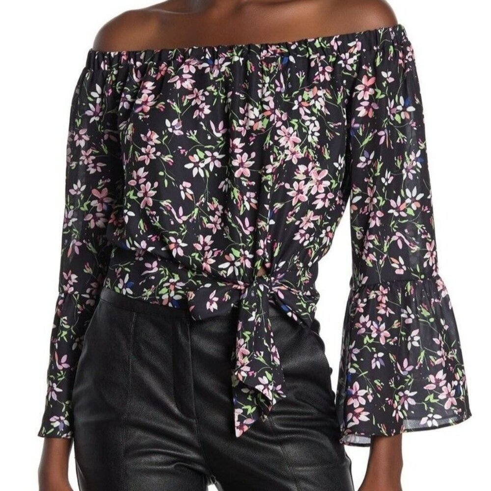 Parker Tie Front Black Floral Print Off the Shoulder Top Bell Sleeves XS Womens